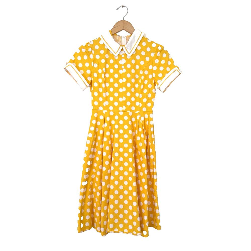 New Polka Dot Fit & Flare Dress Women Sz M Yellow Square Neck Puff Sleeve Doll